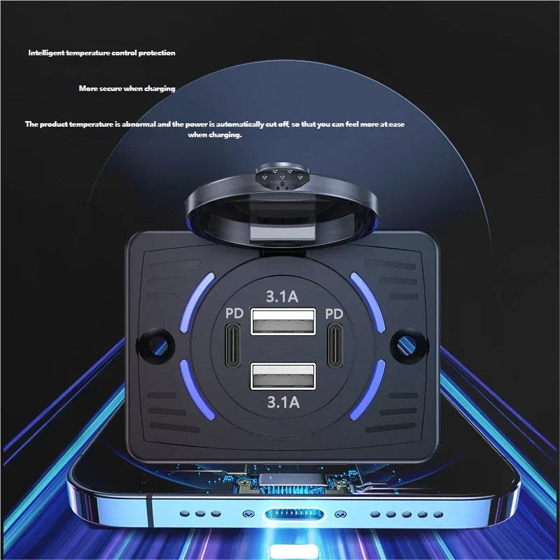 12V-24V Dual USB Car Charger Socket QC3.0 PD 3.1A 2.1A Panel Outlet RV
