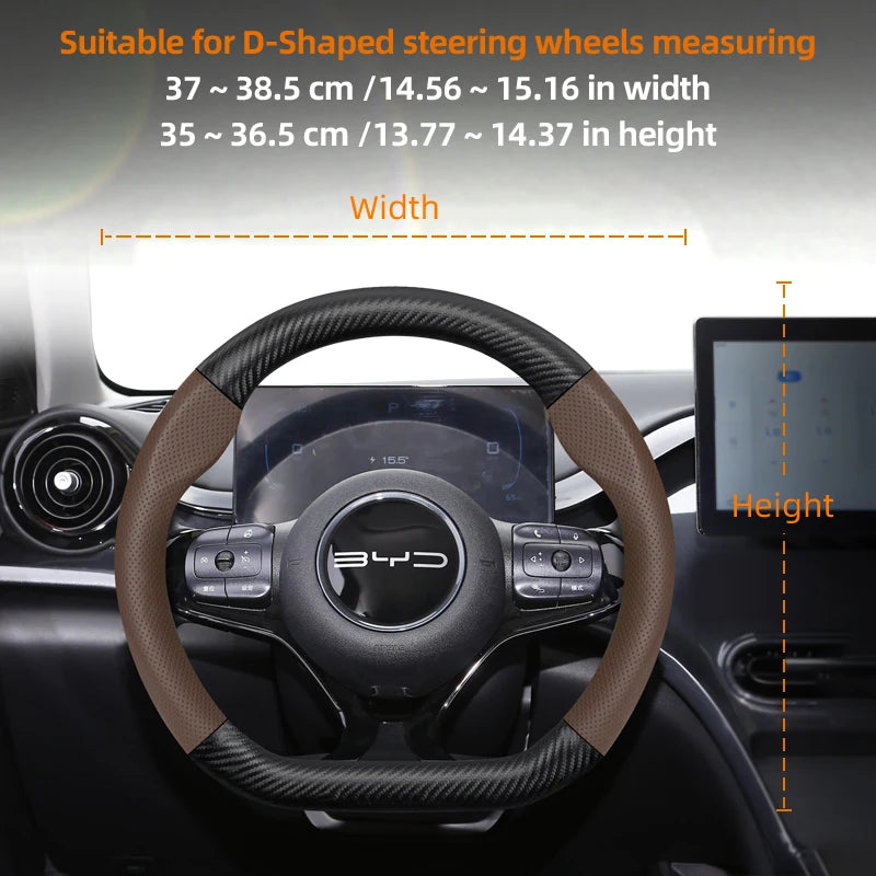 Leather Carbon Fiber Steering Wheel Cover for BYD Breathable Matte Universal Fit