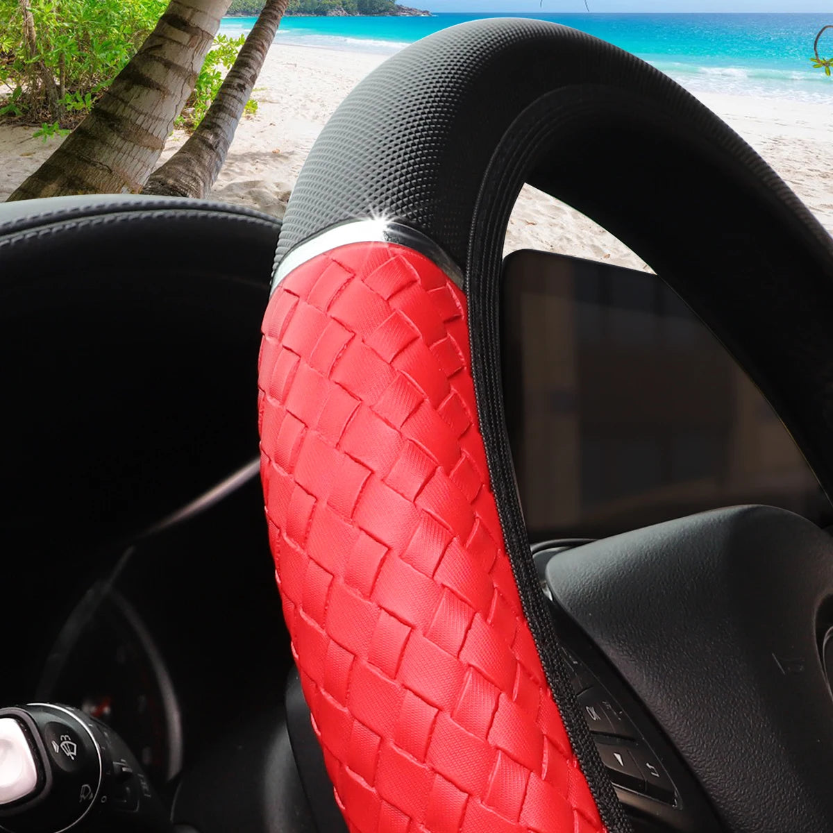 14.5–15" PU Braided Leather Steering Wheel Cover Universal Metal Accent Rimless Cover