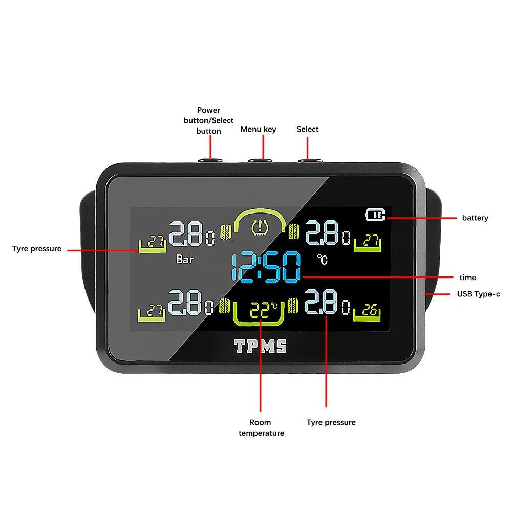 Solar TPMS Tire Pressure Monitor T14-1 4 External Sensors Temperature Warning