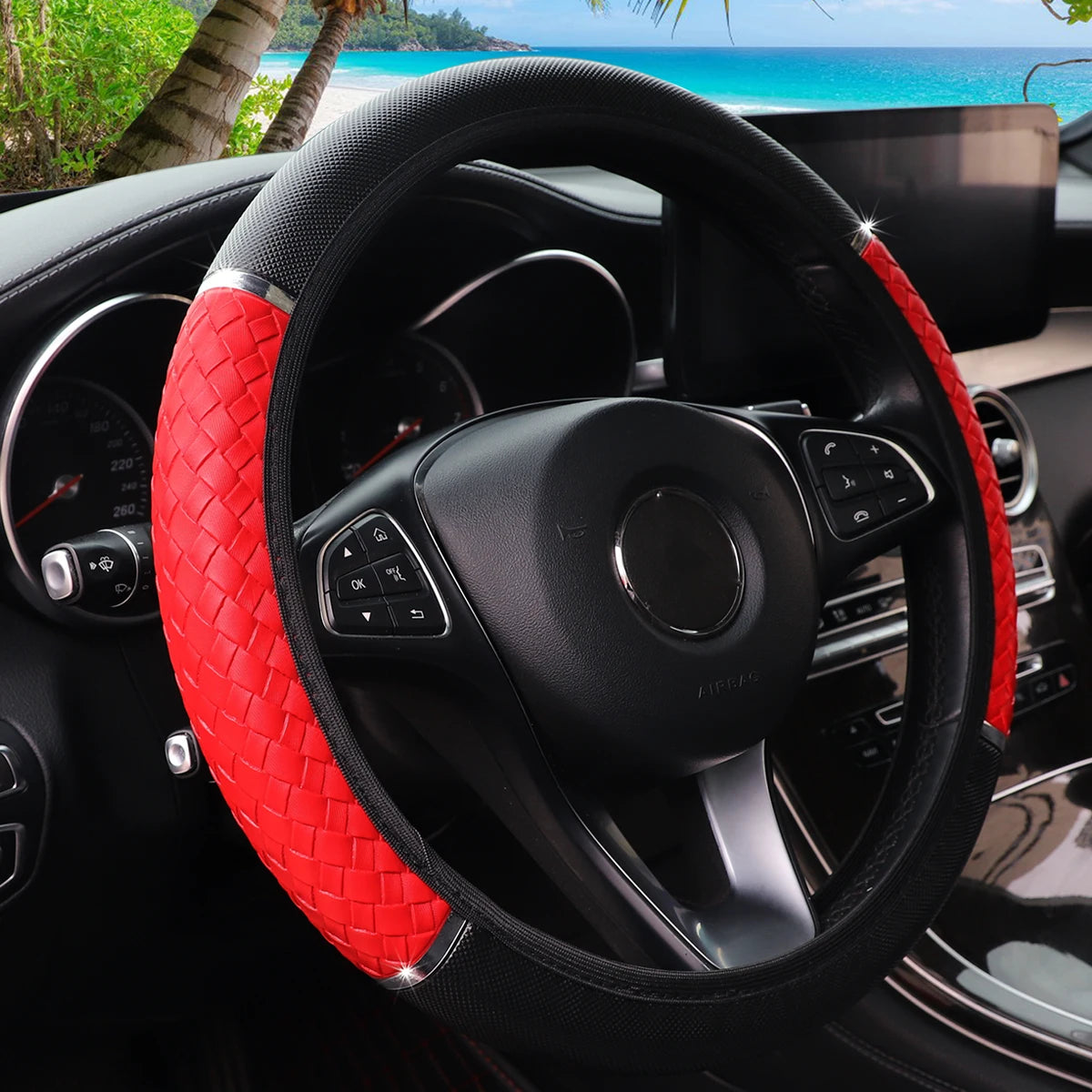 14.5–15" PU Braided Leather Steering Wheel Cover Universal Metal Accent Rimless Cover