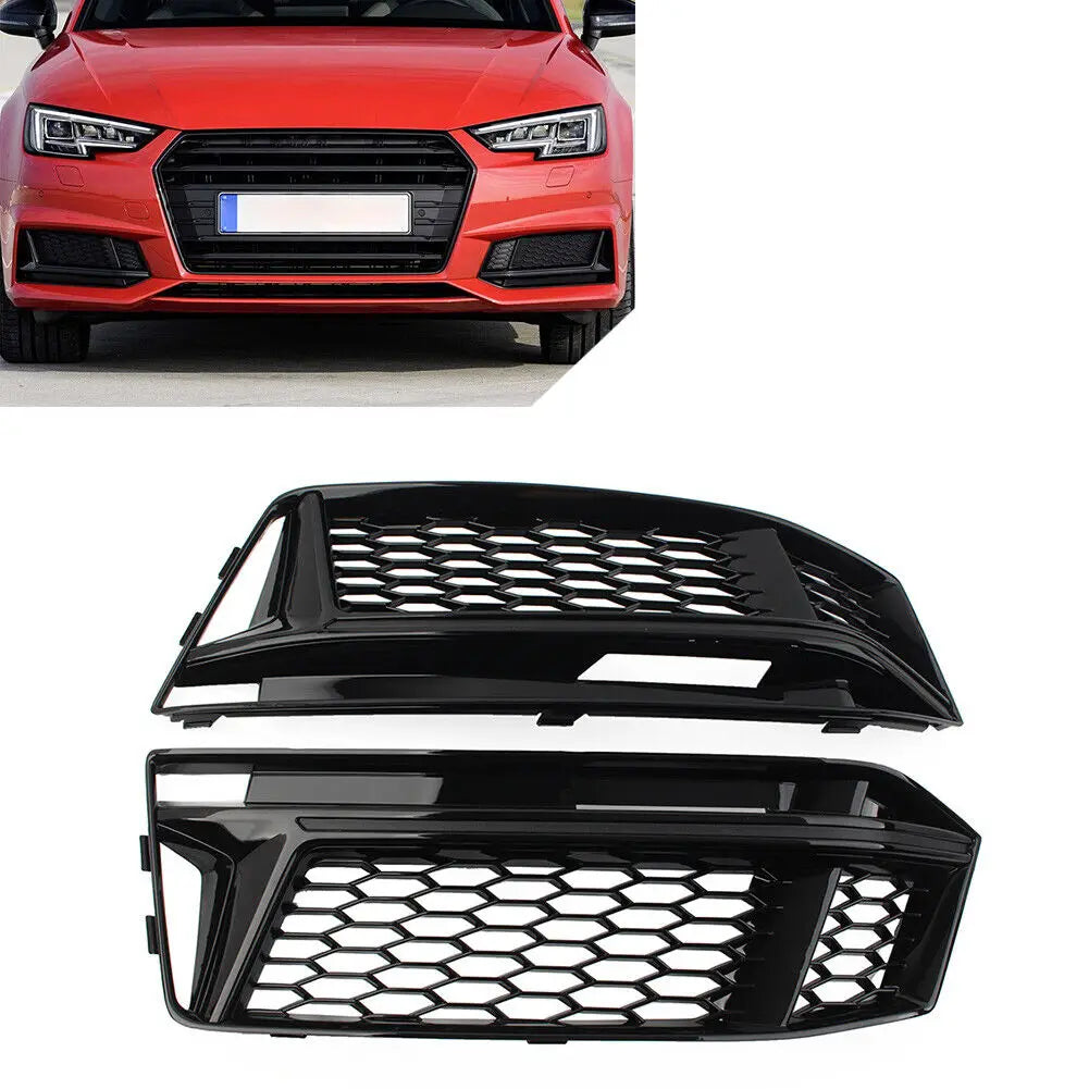 Gloss Black Honeycomb Front Fog Light Grille Set for Audi A4 B9 S-Line 2016–2018