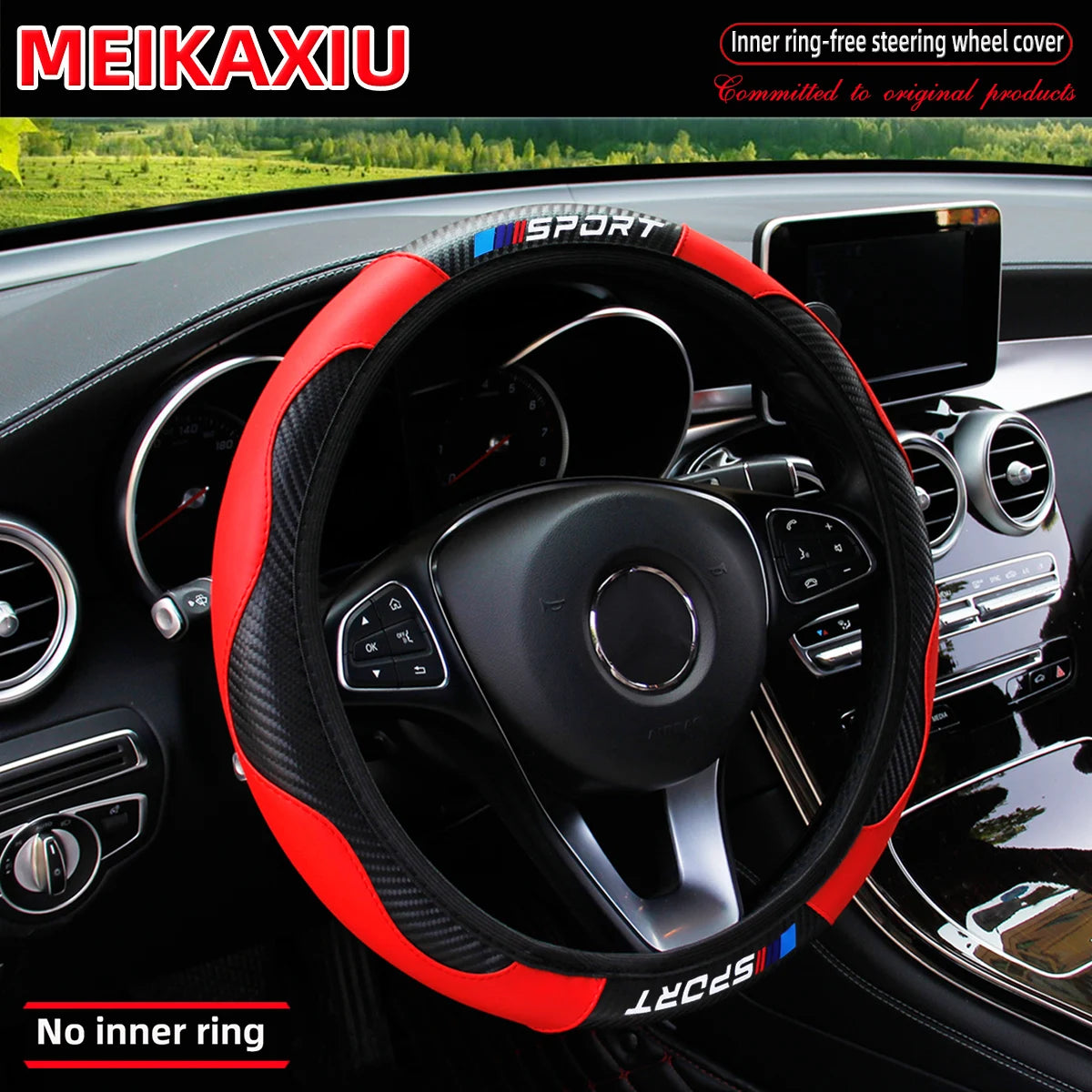 SPORT Carbon Fiber PU Leather Steering Wheel Cover Universal Rimless Non-Slip