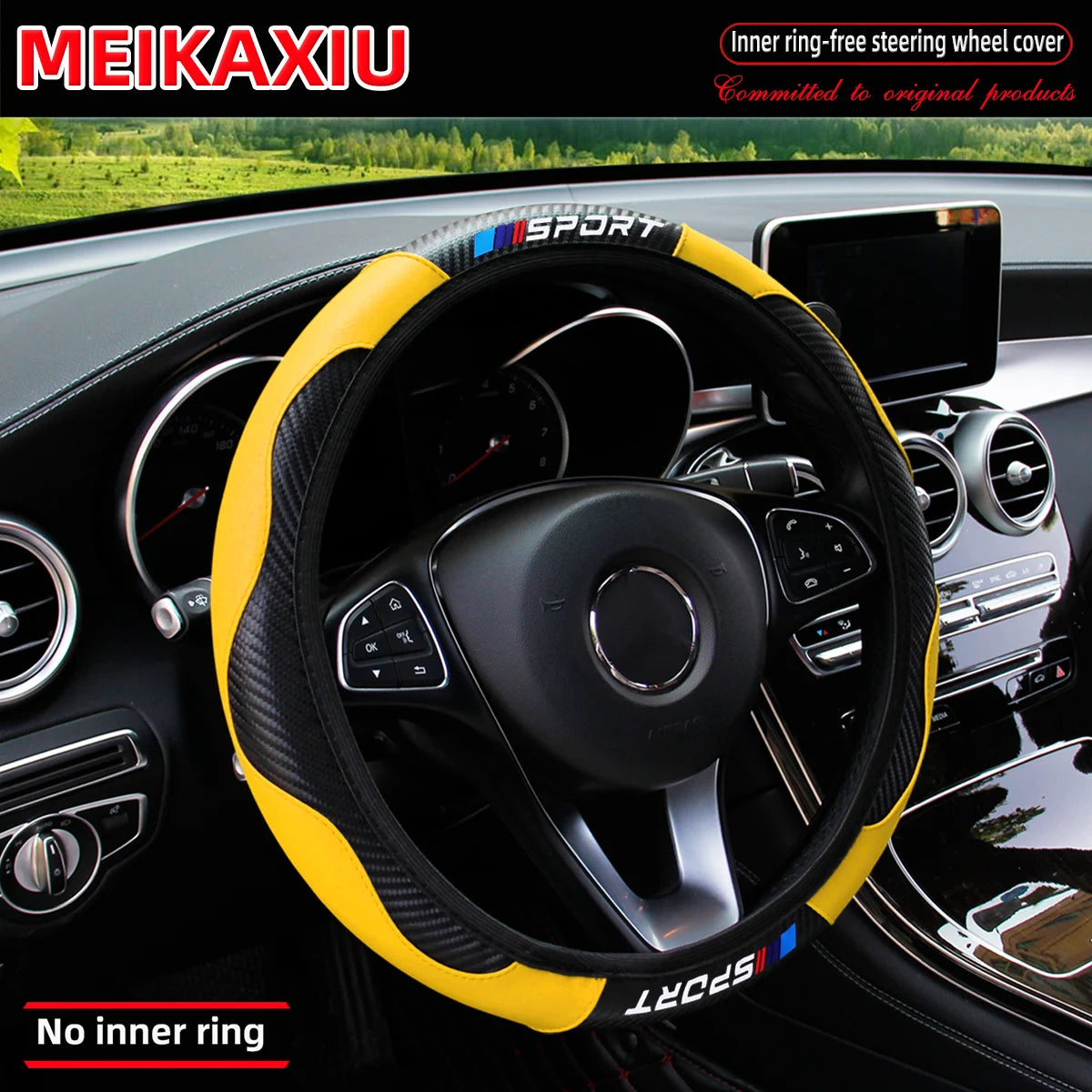 SPORT Carbon Fiber PU Leather Steering Wheel Cover Universal Rimless Non-Slip