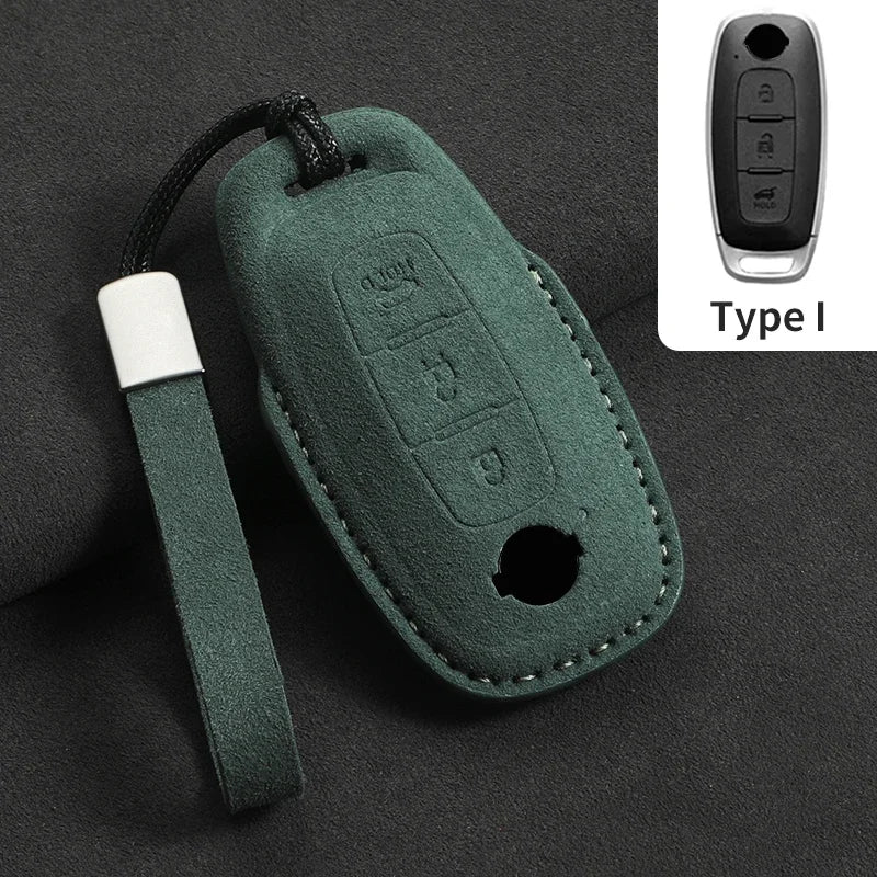 3-Button Suede Smart Key Case Cover with Keyring for Nissan Qashqai X-Trail