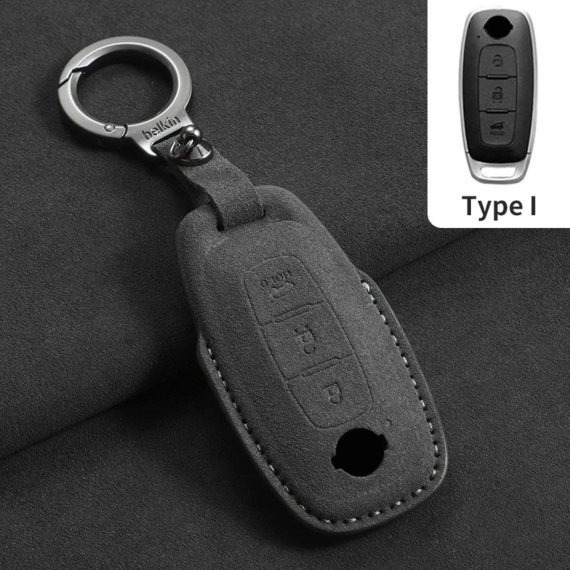 3-Button Suede Smart Key Case Cover with Keyring for Nissan Qashqai X-Trail