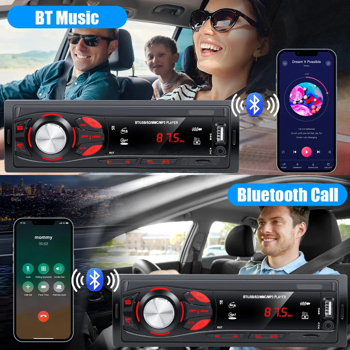 PHONEPACE Bluetooth Car Stereo 4x15W FM Radio MP3 USB SD AUX Hands Free