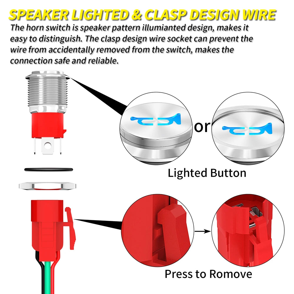 DaierTek 16mm Metal Horn Button Switch 12V 20A Blue LED Momentary
