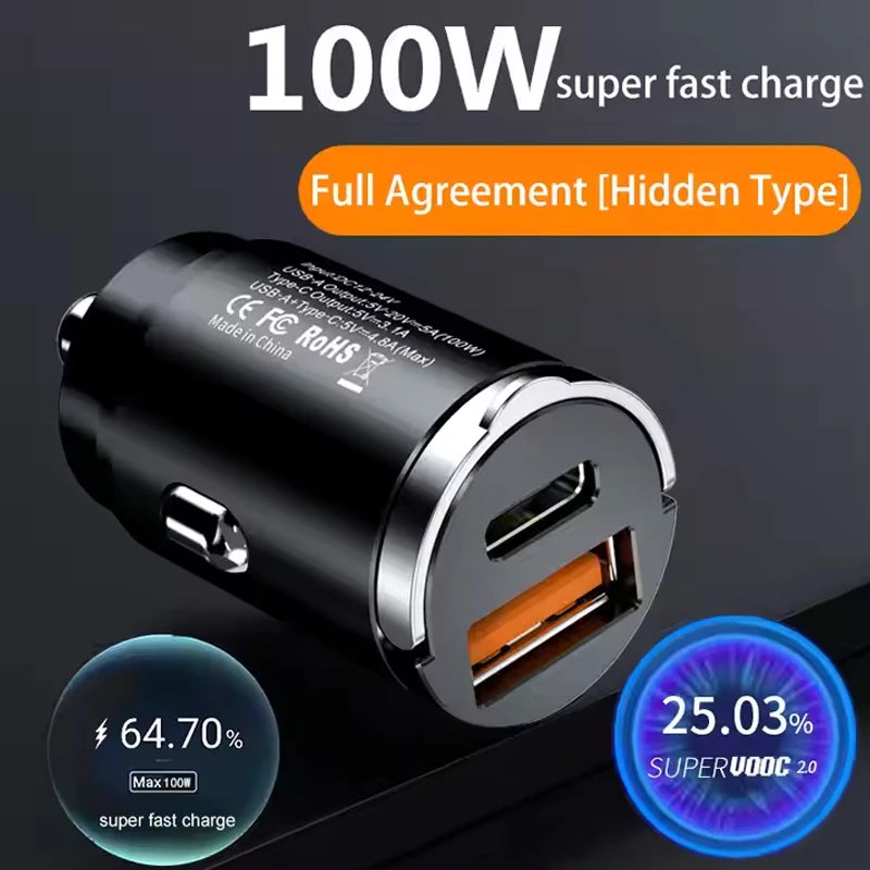 100W 200W QC3.0 PD Car Charger 2 Port USB-C 12-24V Fast Charging Adapter