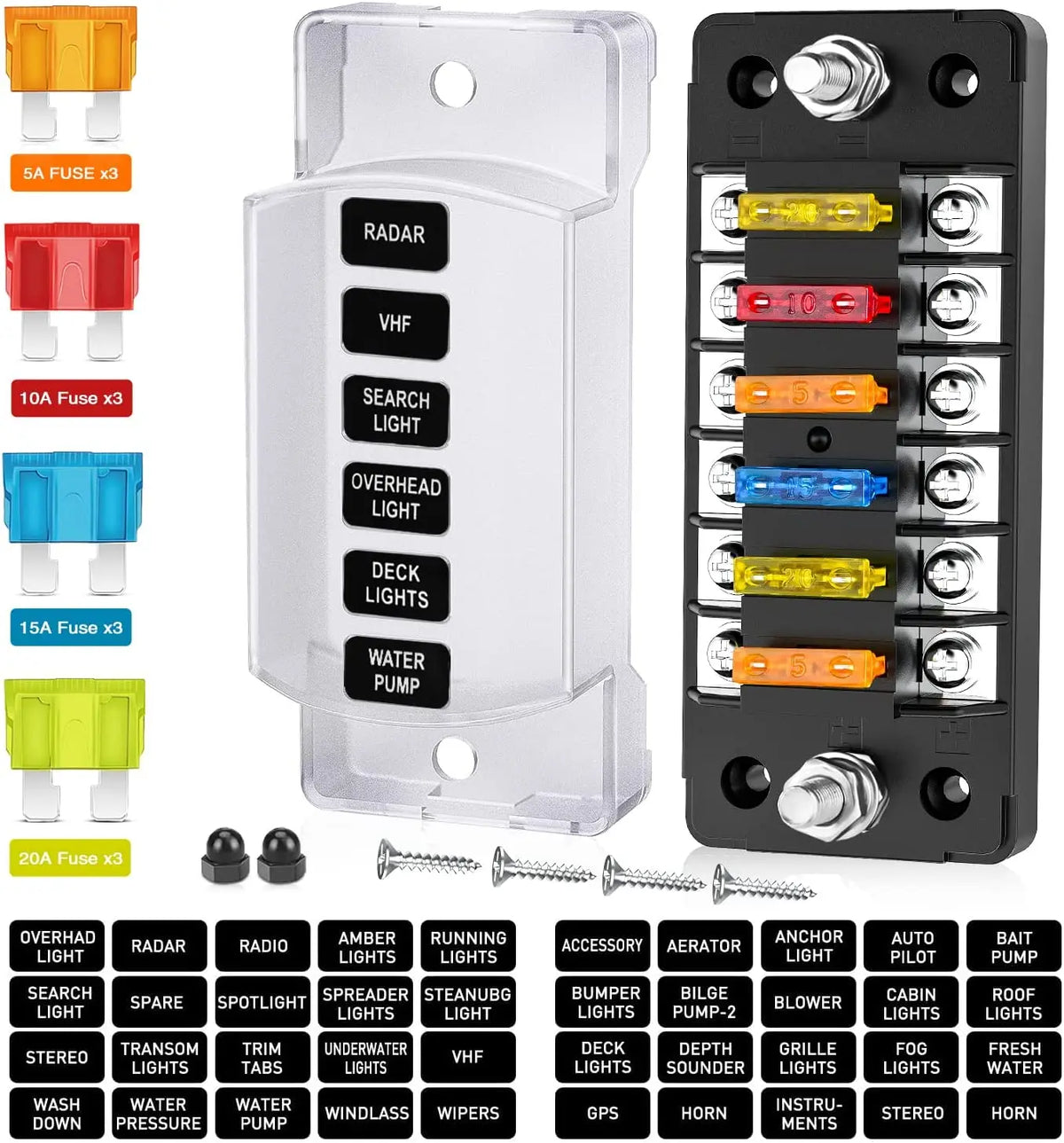 DaierTek 6 Way Fuse Block 12V 24V Blade Fuse Box with Negative Bus