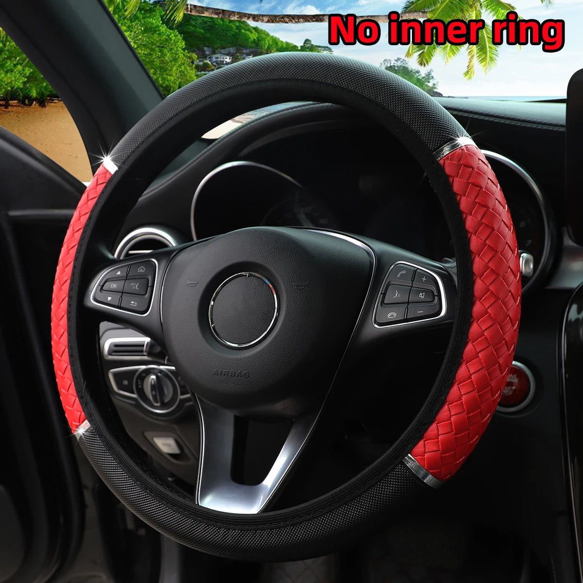 14.5–15" PU Braided Leather Steering Wheel Cover Universal Metal Accent Rimless Cover
