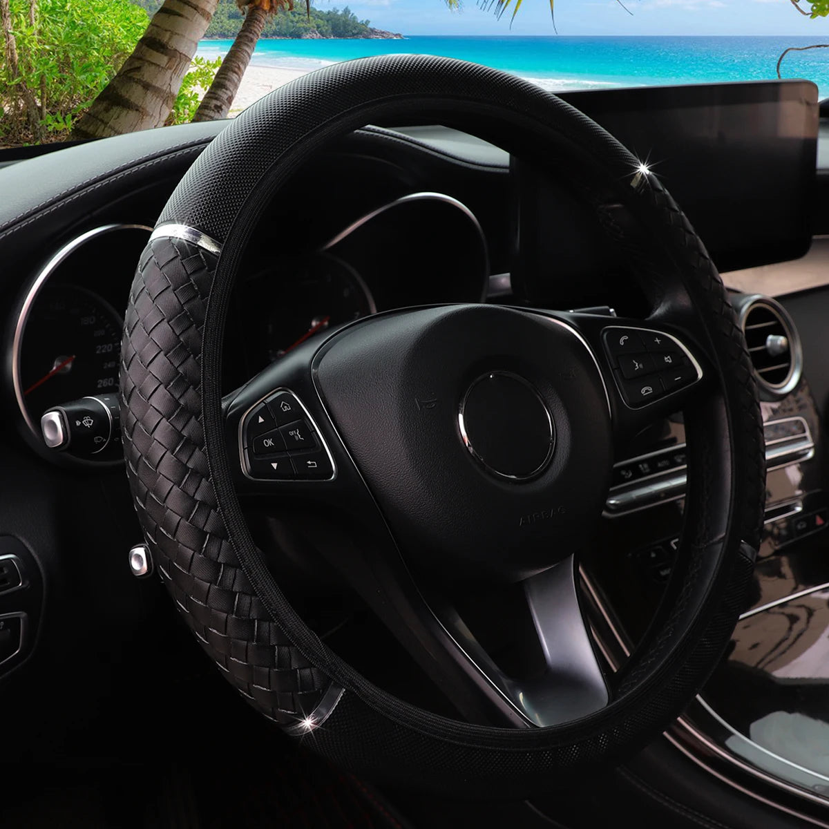 14.5–15" PU Braided Leather Steering Wheel Cover Universal Metal Accent Rimless Cover