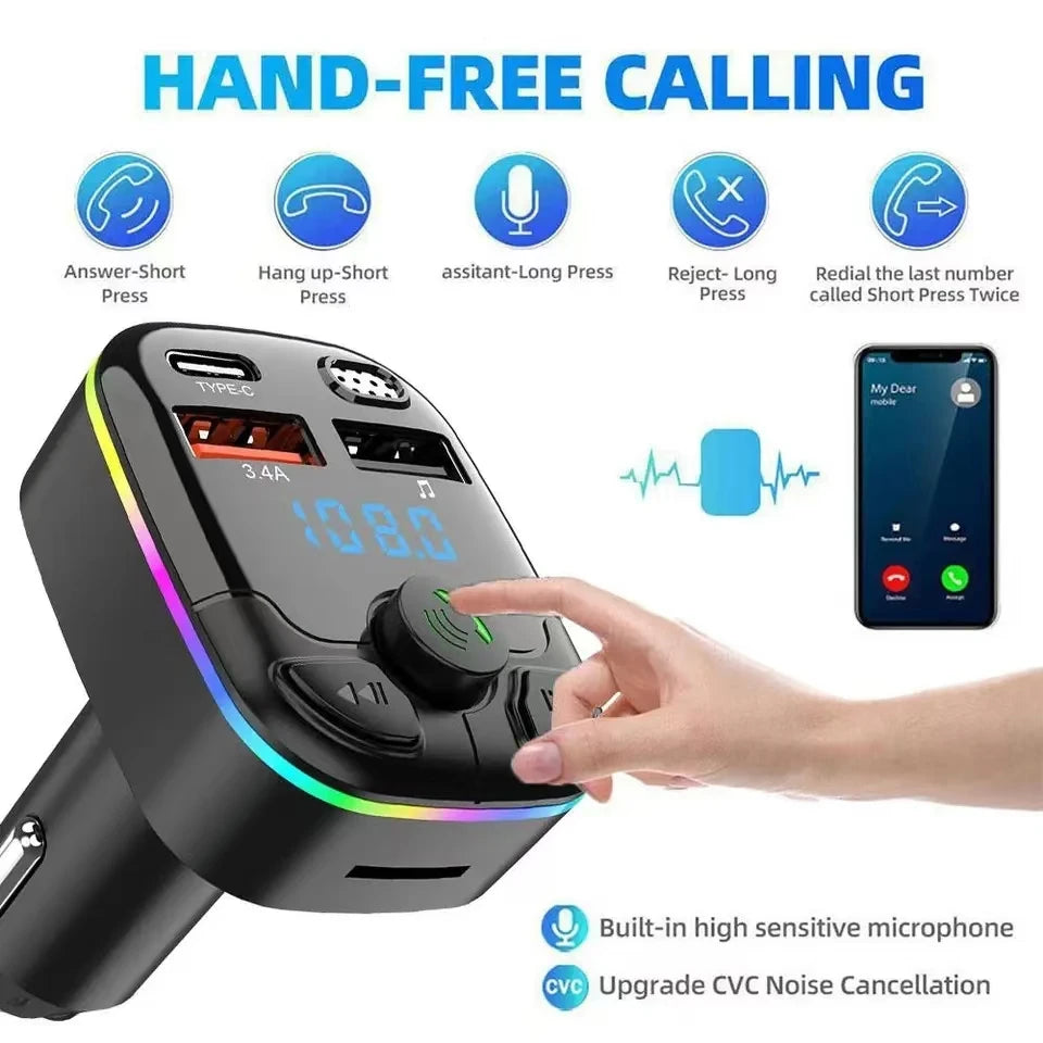 Bluetooth 5.0 FM Transmitter Car Charger PD Type-C Dual USB Handsfree MP3