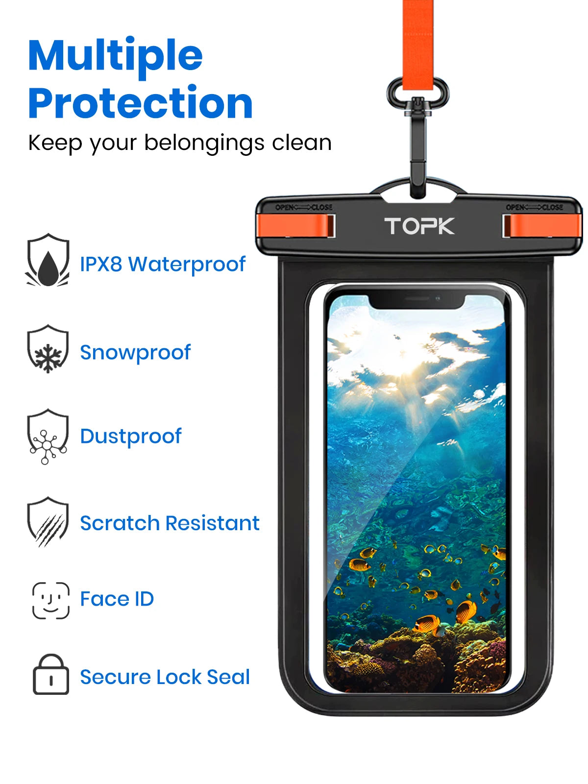 TOPK E01 Waterproof Phone Pouch IPX8 Dry Bag Case Lanyard iPhone Samsung