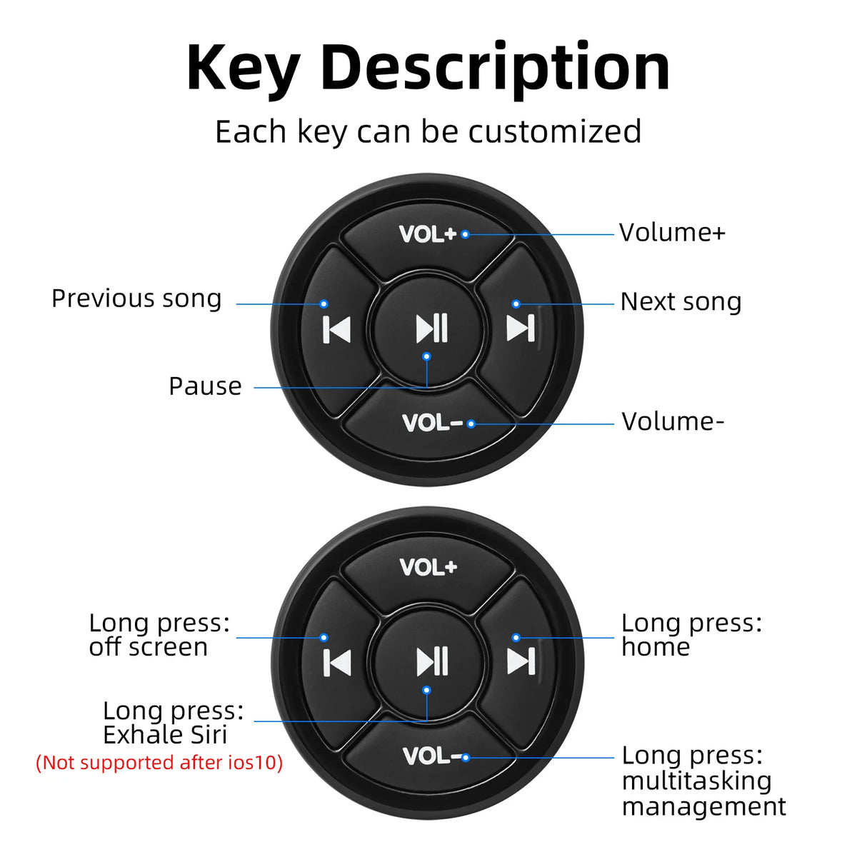 Wireless Bluetooth Car Steering Wheel Media Remote Control 5 Key Android iOS