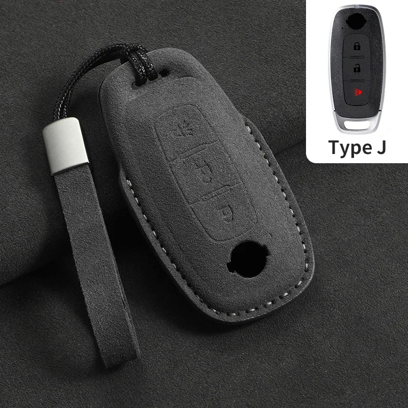 3-Button Suede Smart Key Case Cover with Keyring for Nissan Qashqai X-Trail