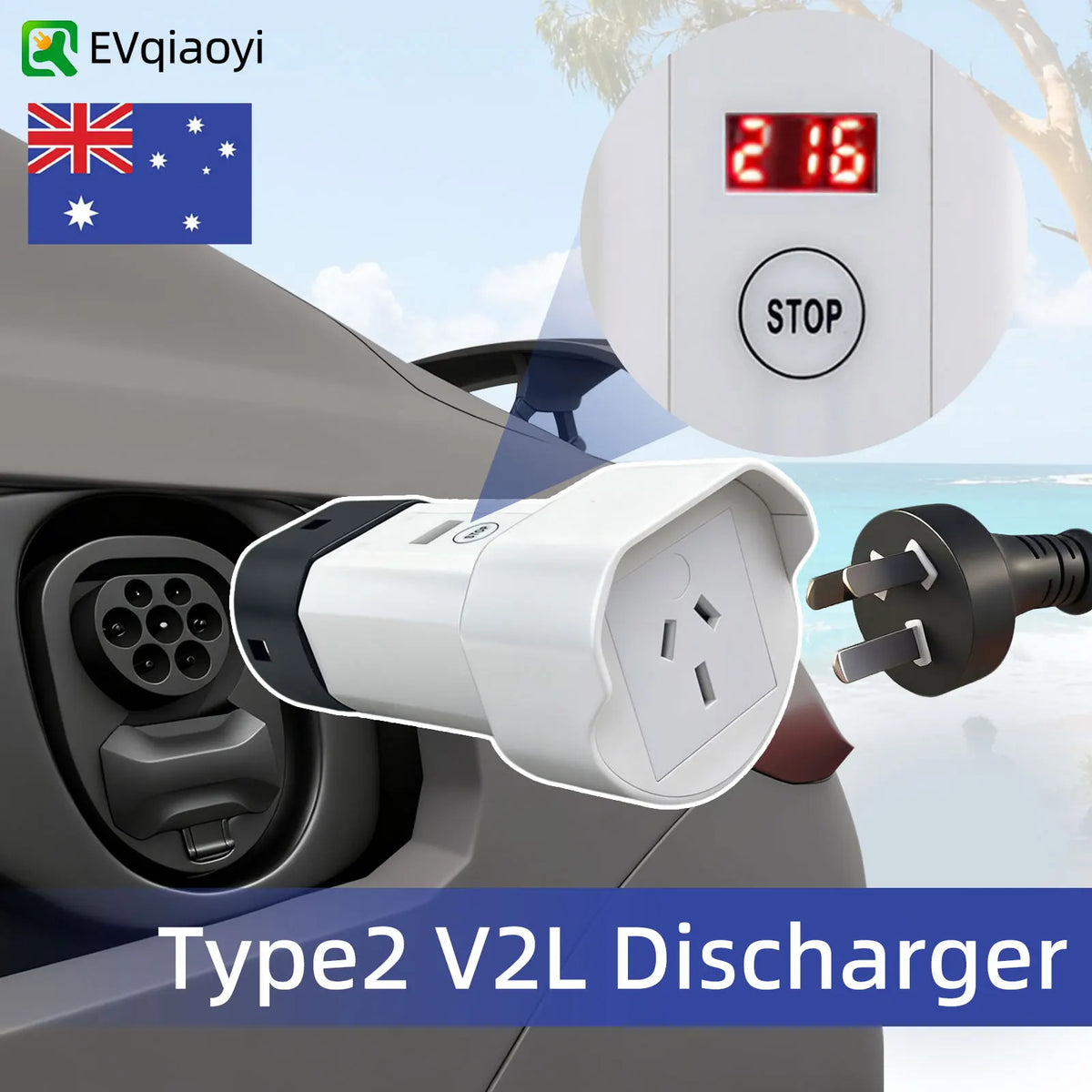 Type 2 V2L Discharger Adapter AU Socket for BYD Geely Chery XPeng Hyundai EV
