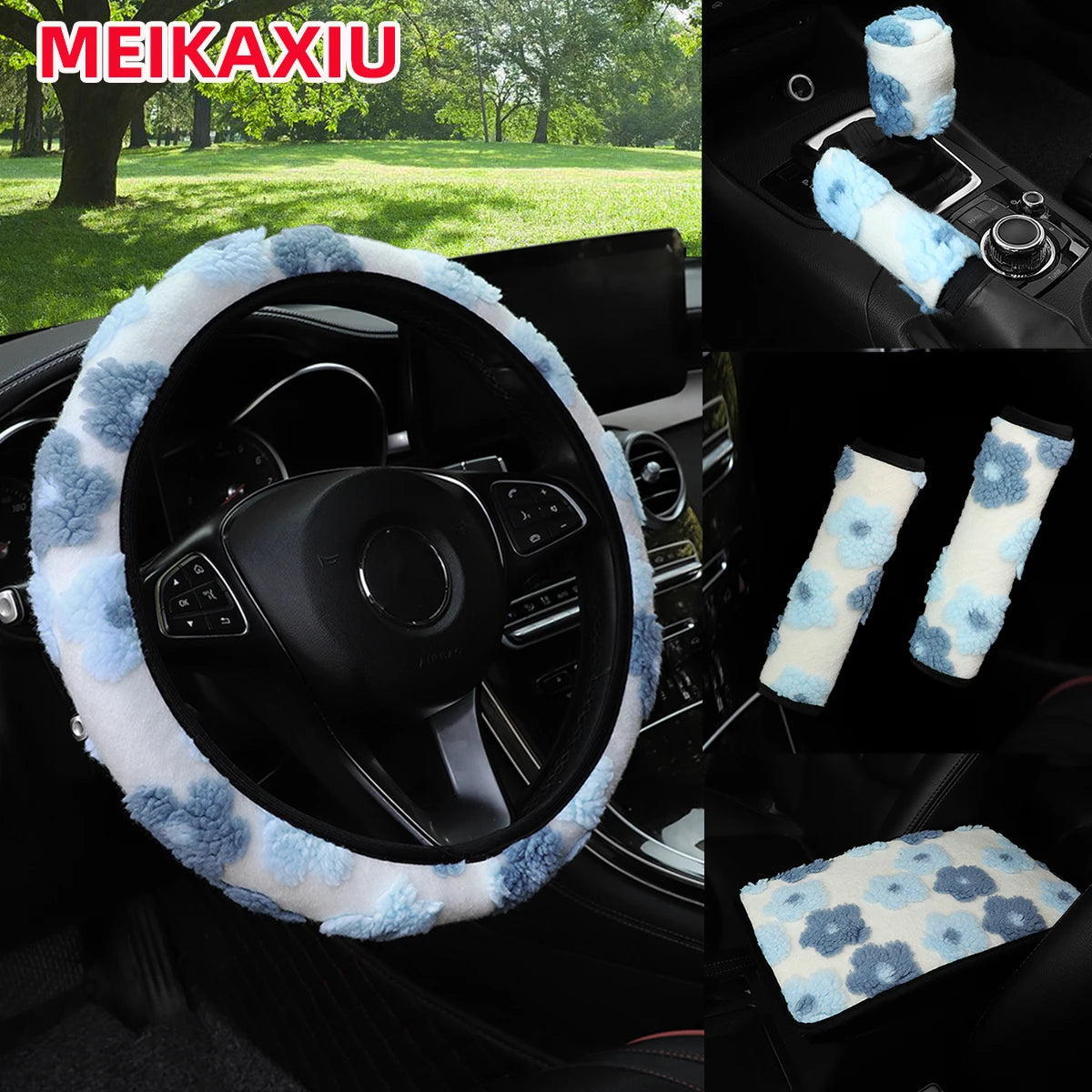 6PCS Plush Flower Car Interior Accessory Set Steering Wheel Cover Seat Belt Pads