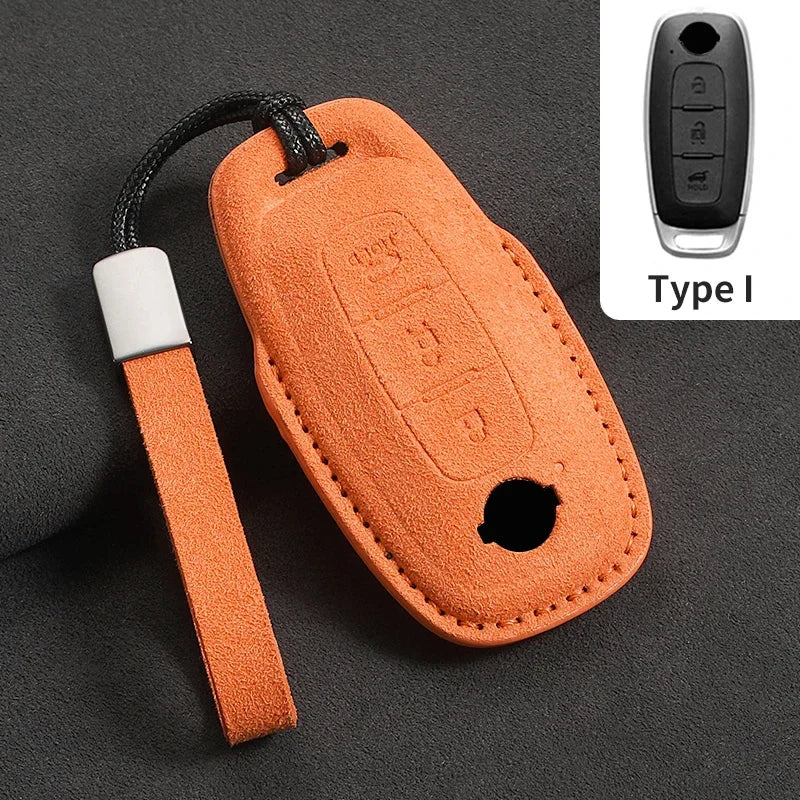 3-Button Suede Smart Key Case Cover with Keyring for Nissan Qashqai X-Trail