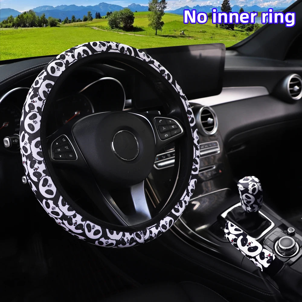 3PCS Fabric Checker Flower & Spider Web Car Interior Cover Set Steering Wheel