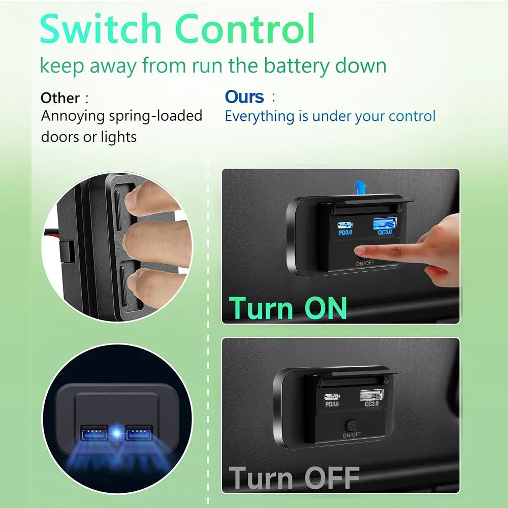 12V RV USB Outlet 36W QC3.0 55W PD Type C Charger Socket Power Switch