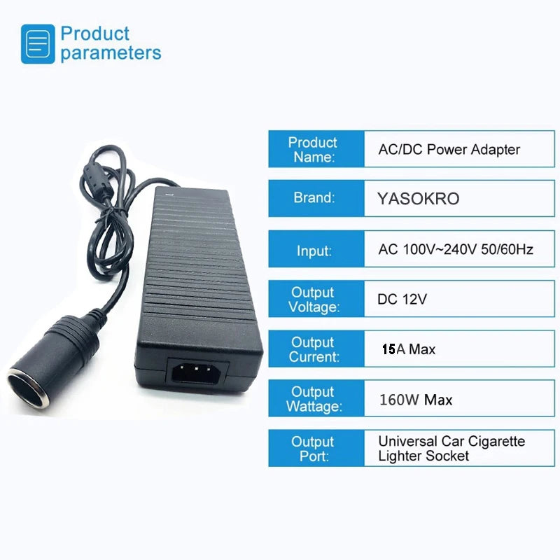 110V/240V AC to 12V DC 15A 160W Power Adapter Cigarette Lighter Socket Supply