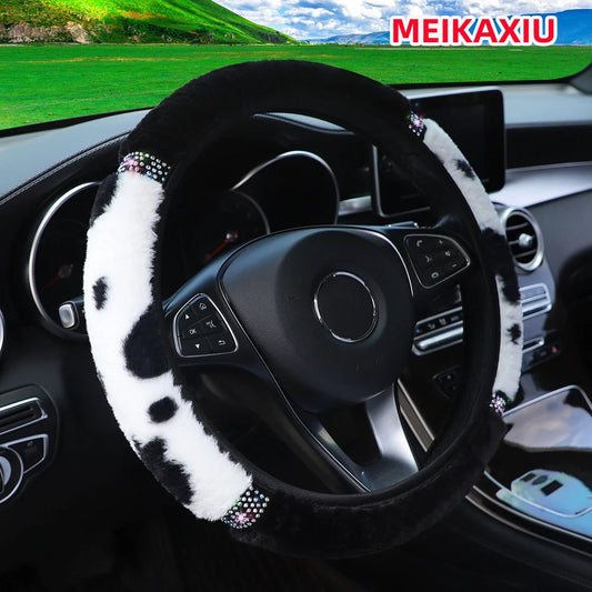 15" Bling Plush Cow Pattern Steering Wheel Cover Winter Warm Rhinestone Universal