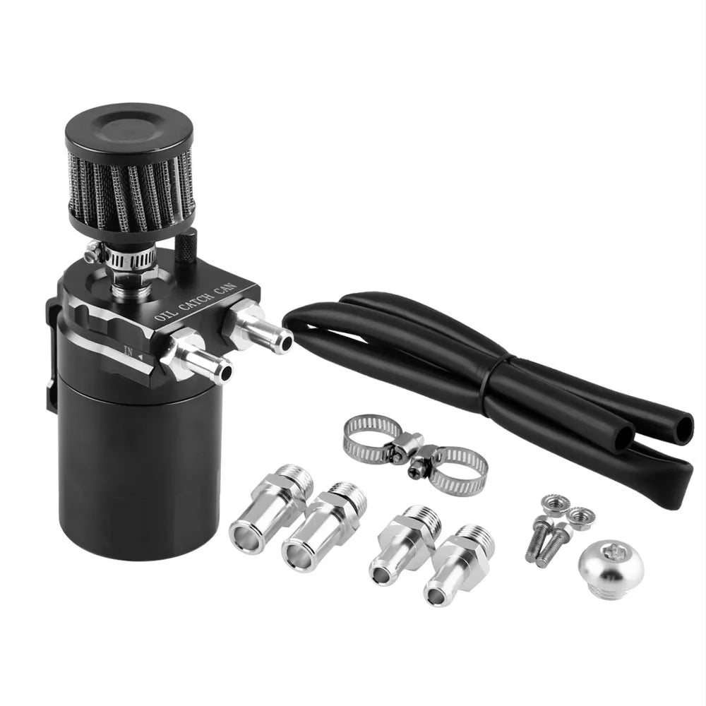 Oil Catch Reservoir Breather Can Tank +Filter Kit Cylinder Aluminum Engine Black