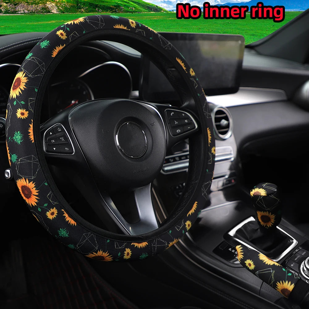 3PCS Fabric Checker Flower & Spider Web Car Interior Cover Set Steering Wheel