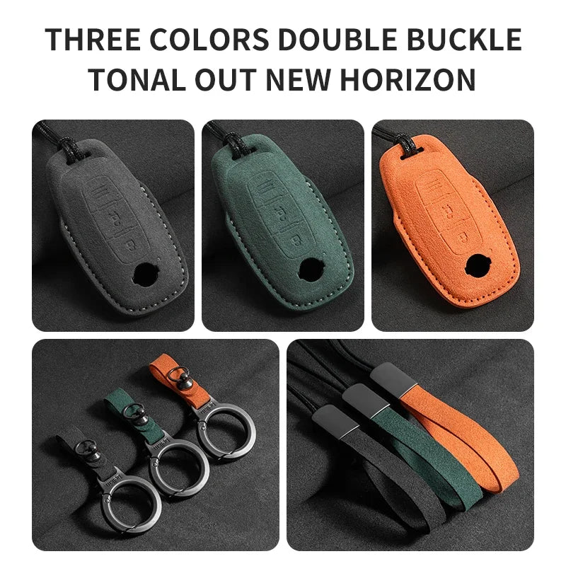 3-Button Suede Smart Key Case Cover with Keyring for Nissan Qashqai X-Trail