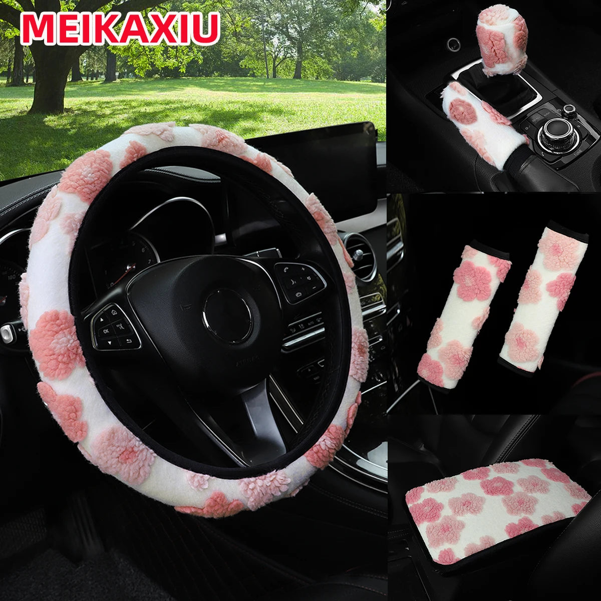 6PCS Plush Flower Car Interior Accessory Set Steering Wheel Cover Seat Belt Pads