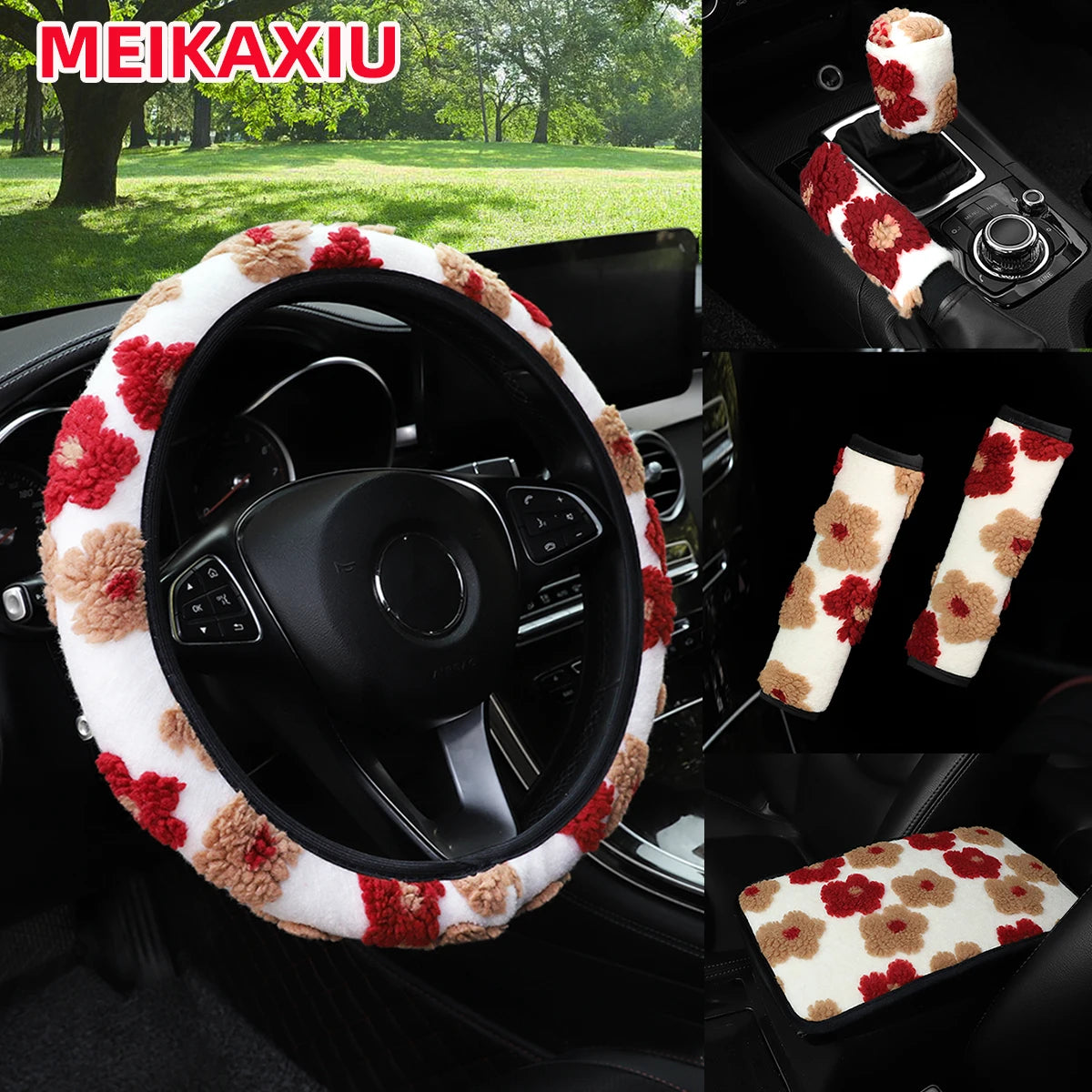6PCS Plush Flower Car Interior Accessory Set Steering Wheel Cover Seat Belt Pads