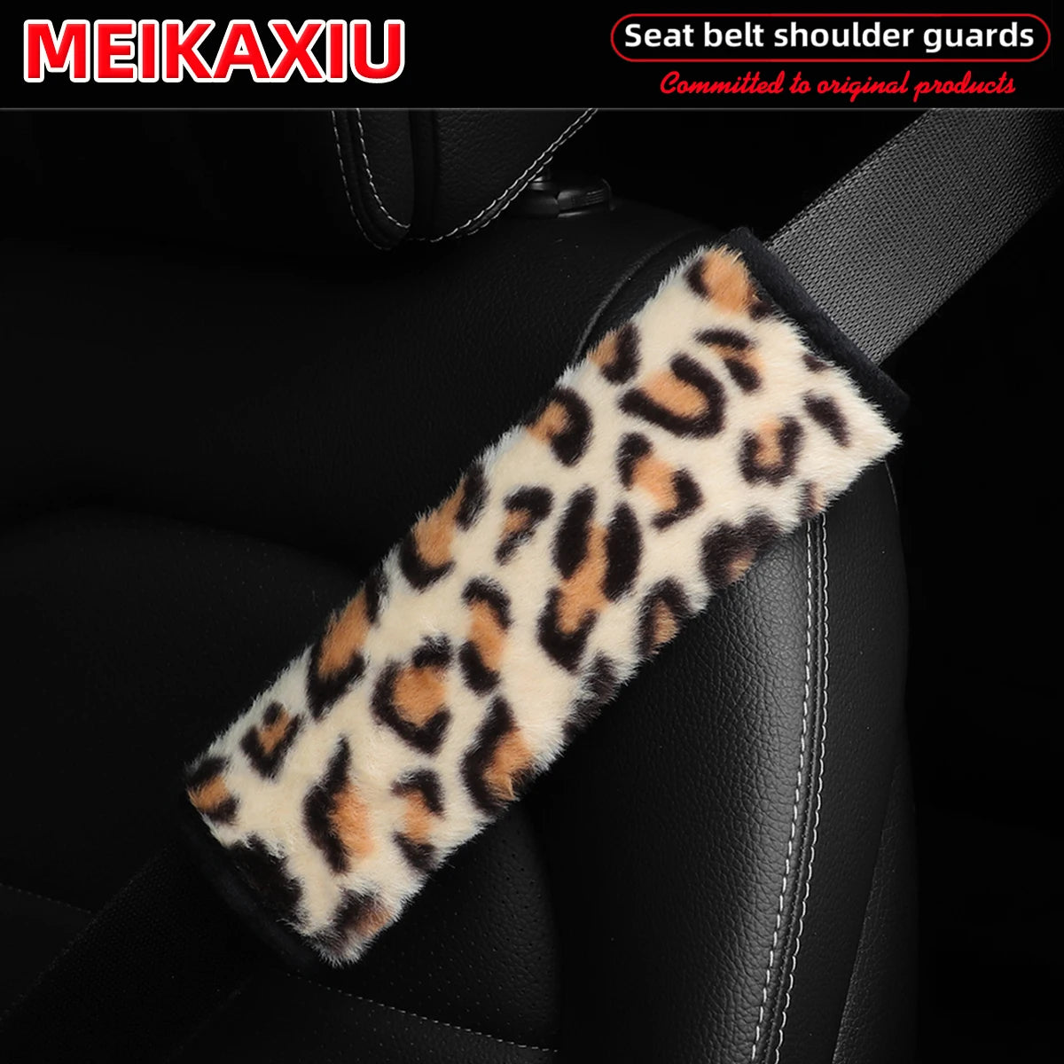 Leopard Print Plush Seat Belt Shoulder Pad Covers Soft Comfort Safety Belt Protectors