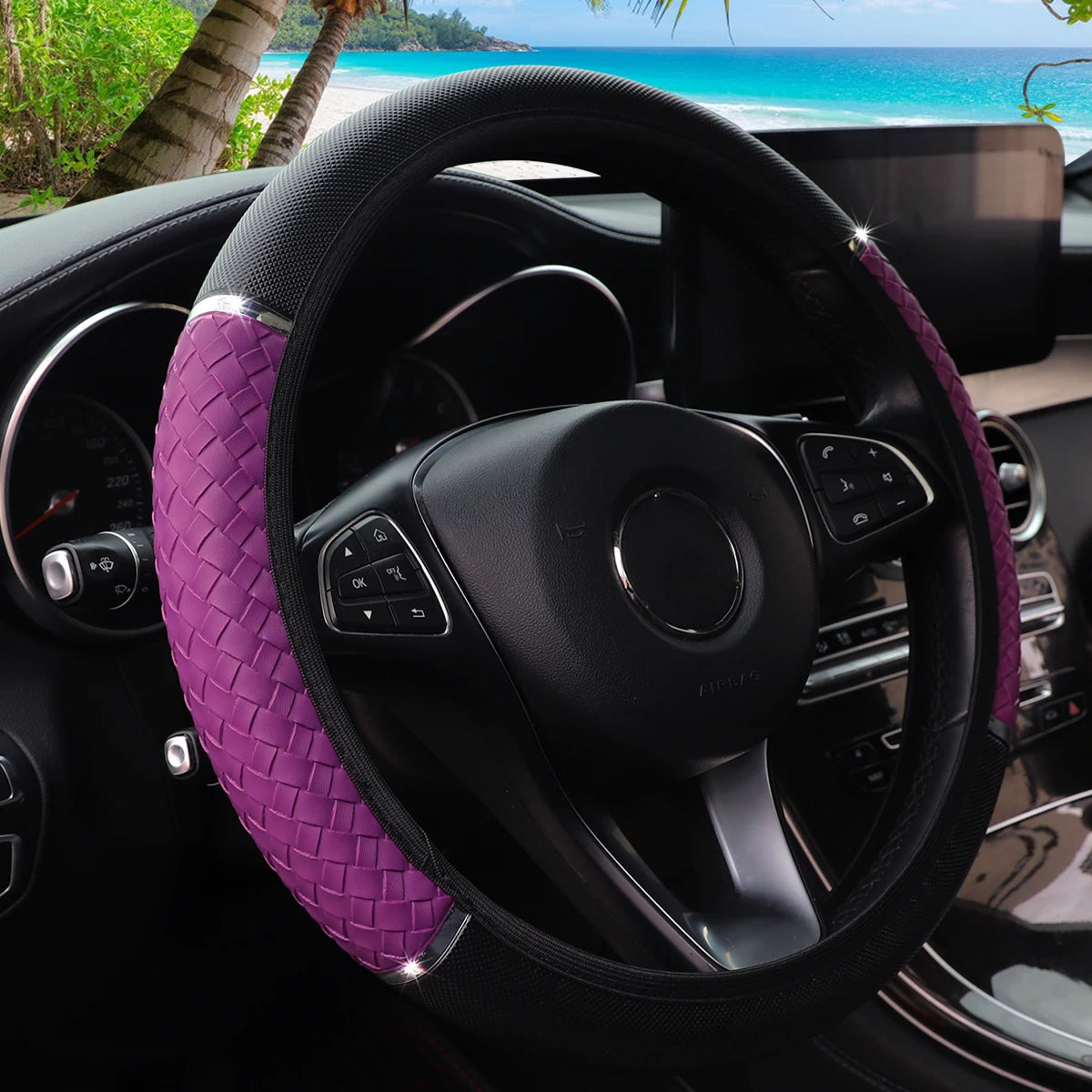 14.5–15" PU Braided Leather Steering Wheel Cover Universal Metal Accent Rimless Cover