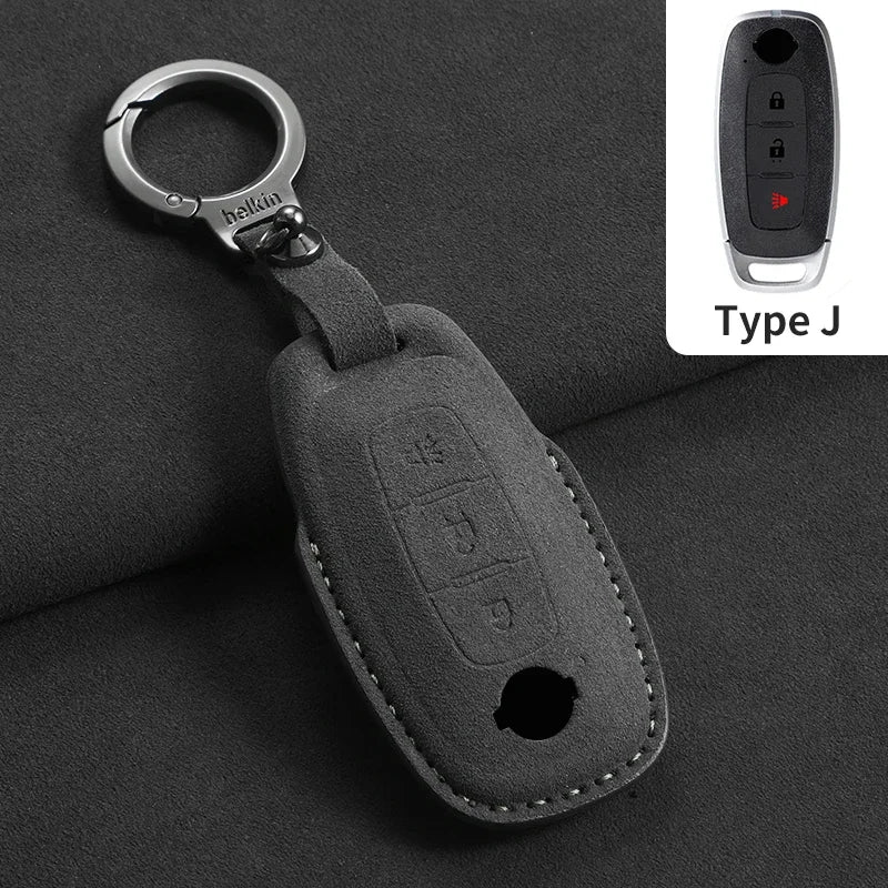 3-Button Suede Smart Key Case Cover with Keyring for Nissan Qashqai X-Trail
