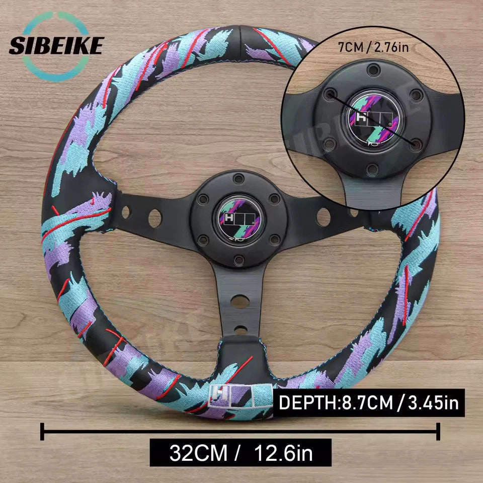 JDM 320mm Racing Steering Wheel Premium Embroidered Deep Dish HKS Style NEW