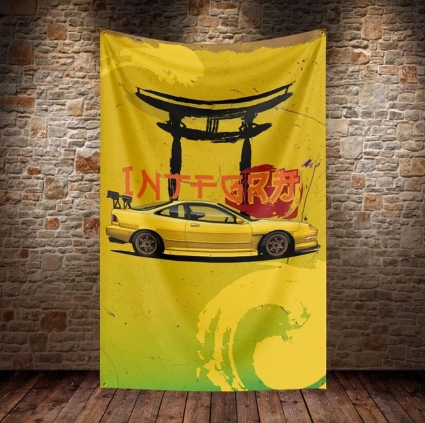 Honda Integra Type R in Kanji Car Polyester Flag Yellow 60cm x 90cm Grommets