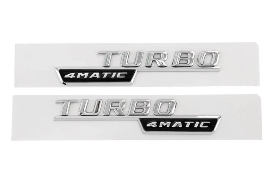 2 x Turbo 4MATIC Chrome Silver Black Badge Fender Emblem 150mm x 27mm