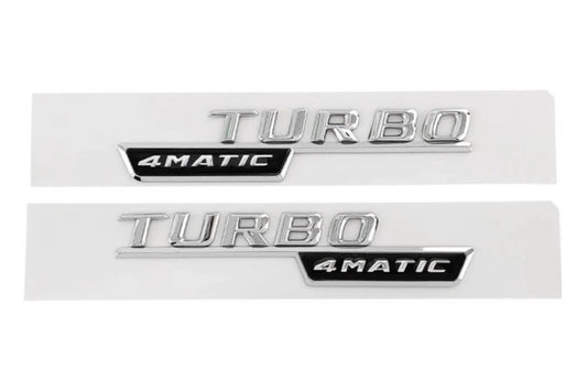 2 x Turbo 4MATIC Chrome Silver Black Badge Fender Emblem 150mm x 27mm