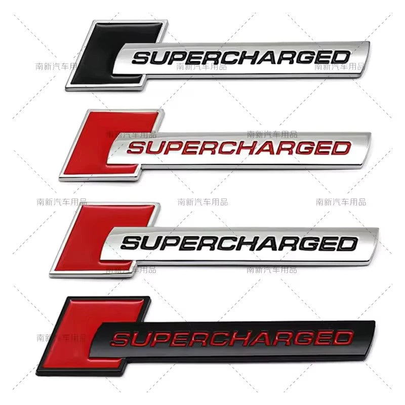 3D Metal Supercharged Emblem Badge Black Silver Red for Boot Fender 105 x 26mm