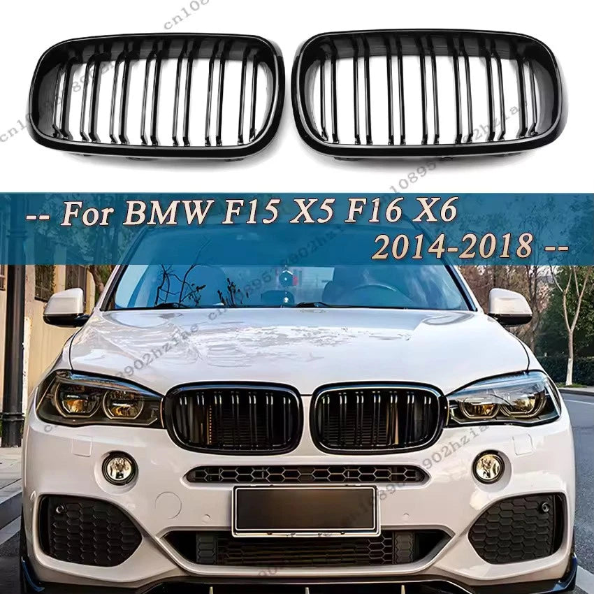 Gloss Black Double Line Front Kidney Grilles for BMW X5 F15 & X6 F16 2014–2018
