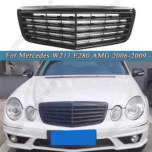 Front Hood Grille Chrome Bumper Grille Black for Mercedes W211 E-Class 2006–2009