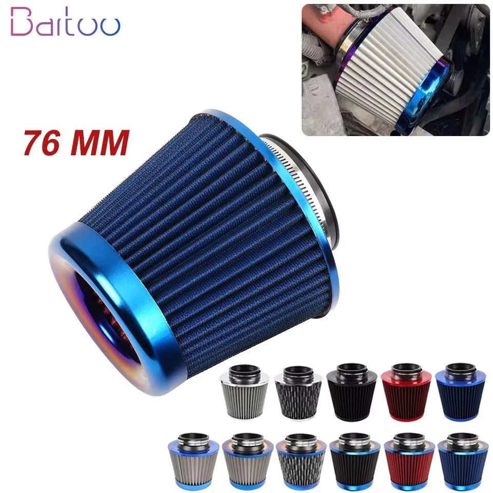 76MM 3" Air Intake Filter Induction Kit Burnt Blue Stainless Steel Mesh Cone NEW
