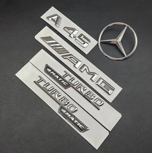 A45 AMG Turbo 4matic Chrome Silver Badge Set Emblem for Mercedes Benz NEW