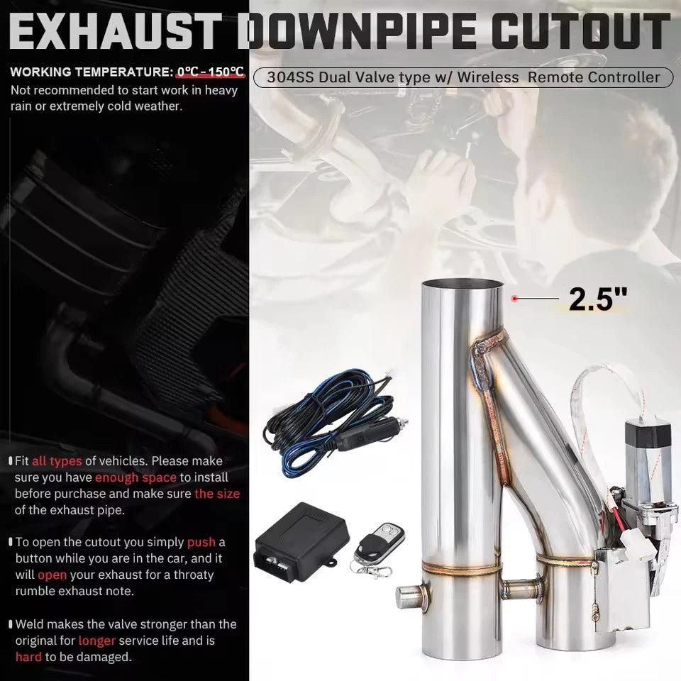 Stainless Steel Electric Dual-Valve Exhaust Downpipe w/ Wireless Remote 2.0"-3"