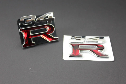 34R Grill & Boot Badge Emblem Silver Red for Nissan Skyline R34 GTR GTT GTST GT