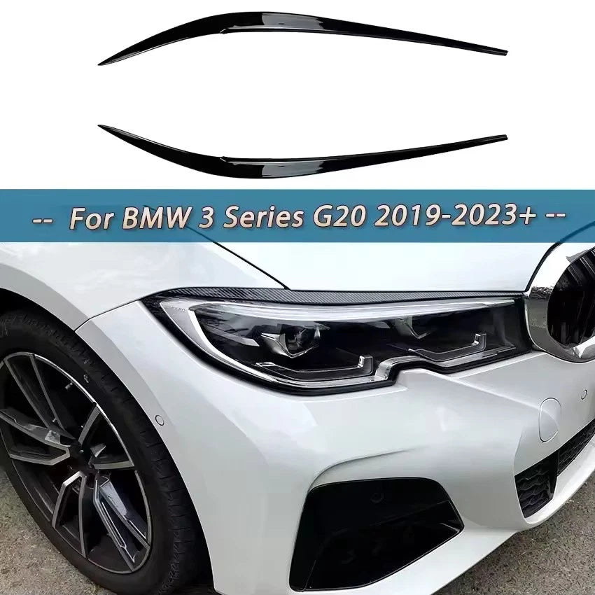 Black Carbon Headlight Eyebrow Eyelid Cover Trim for BMW 3 Series G20 2019–2023+