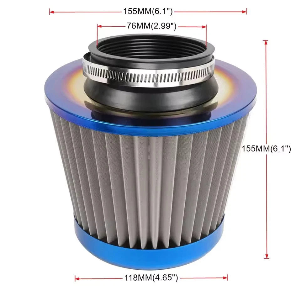 76MM 3" Air Intake Filter Induction Kit Burnt Blue Stainless Steel Mesh Cone NEW