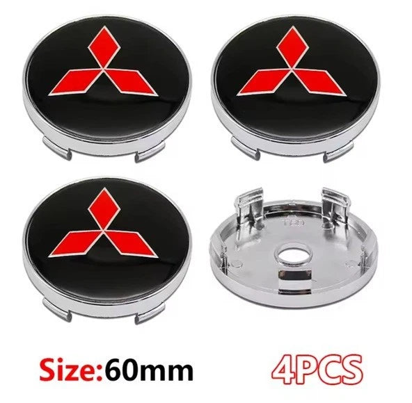 4 x Mitsubishi Centre Silver Black Red Wheel Cap Ralliart 60mm Face 56mm Clip