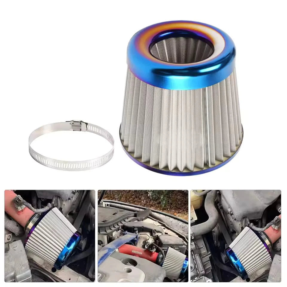 76MM 3" Air Intake Filter Induction Kit Burnt Blue Stainless Steel Mesh Cone NEW